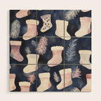Pink Blue Winter Christmas Holiday Stockings Watercolor Illustration Wood Wall Art Gallery Image 1