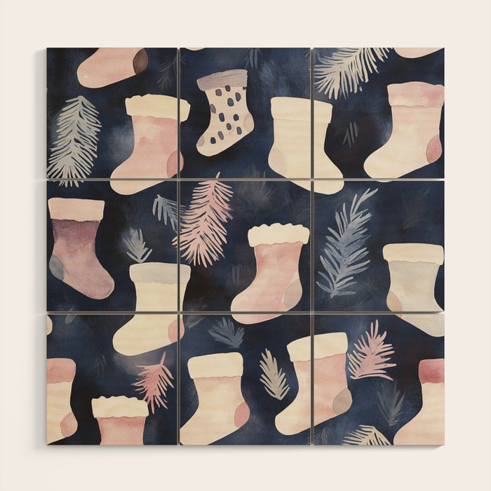 Pink Blue Winter Christmas Holiday Stockings Watercolor Illustration Wood Wall Art Gallery Image 1