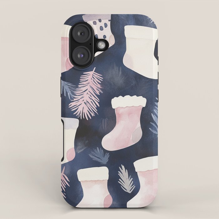 Pink Blue Winter Christmas Holiday Stockings Watercolor Illustration iPhone Case Gallery Image 1