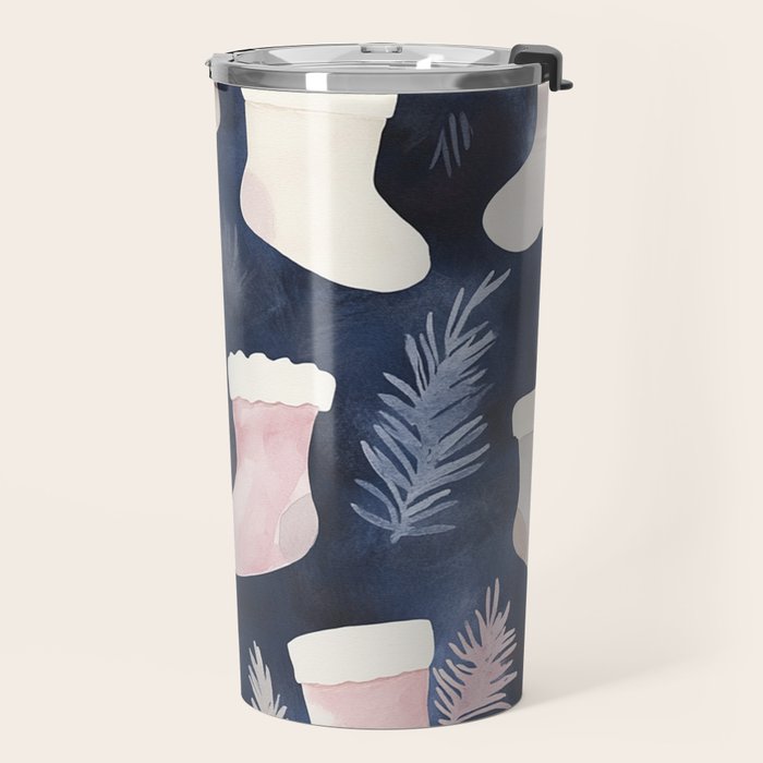 Pink Blue Winter Christmas Holiday Stockings Watercolor Illustration Travel Mug Gallery Image 2