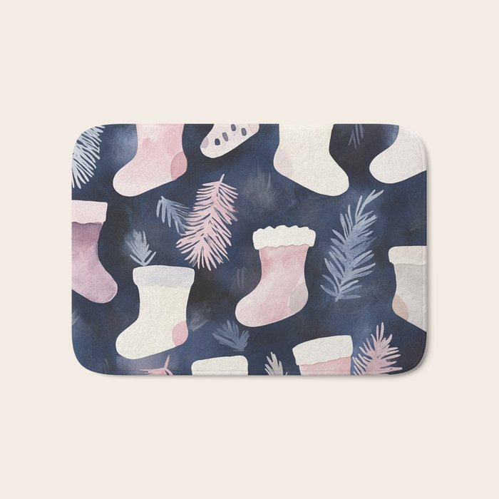 Pink Blue Winter Christmas Holiday Stockings Watercolor Illustration Bath Mat Gallery Image 1
