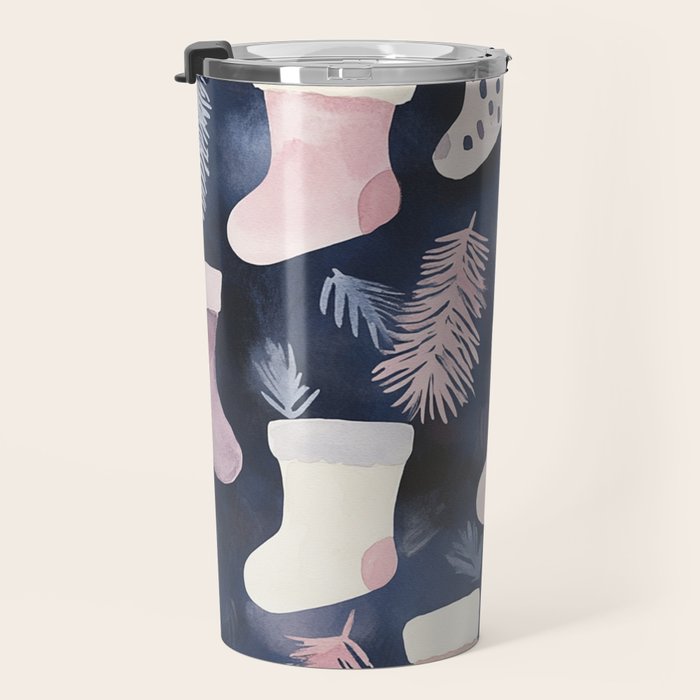 Pink Blue Winter Christmas Holiday Stockings Watercolor Illustration Travel Mug Gallery Image 3