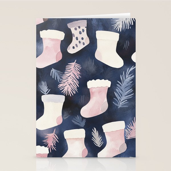 Pink Blue Winter Christmas Holiday Stockings Watercolor Illustration Stationery Card Gallery Image 1