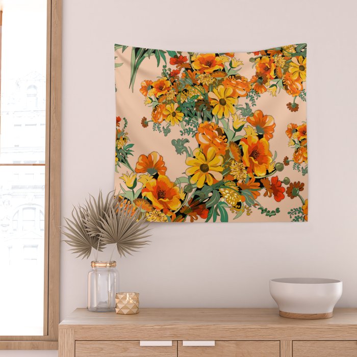 70s Pastel Floral on pink blush Boho Wall Tapestry Gallery Image 2