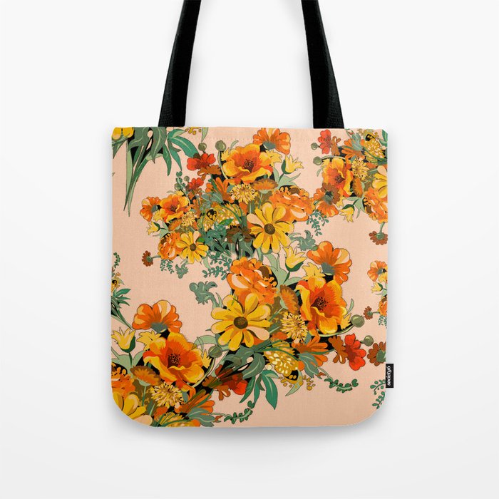 70s Pastel Floral on pink blush Boho Tote Bag Gallery Image 1
