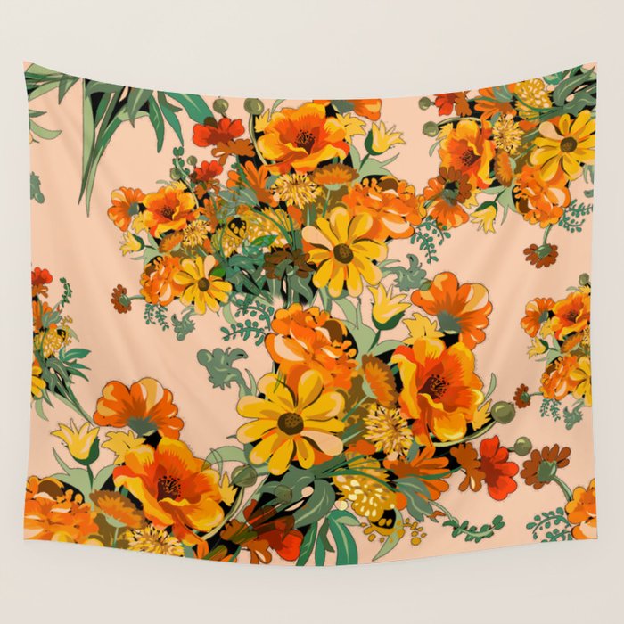70s Pastel Floral on pink blush Boho Wall Tapestry Gallery Image 1