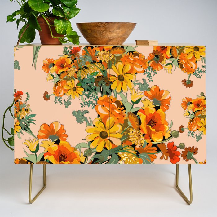 70s Pastel Floral on pink blush Boho Credenza Gallery Image 1