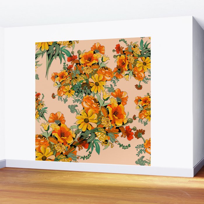 70s Pastel Floral on pink blush Boho Wall Mural Gallery Image 2