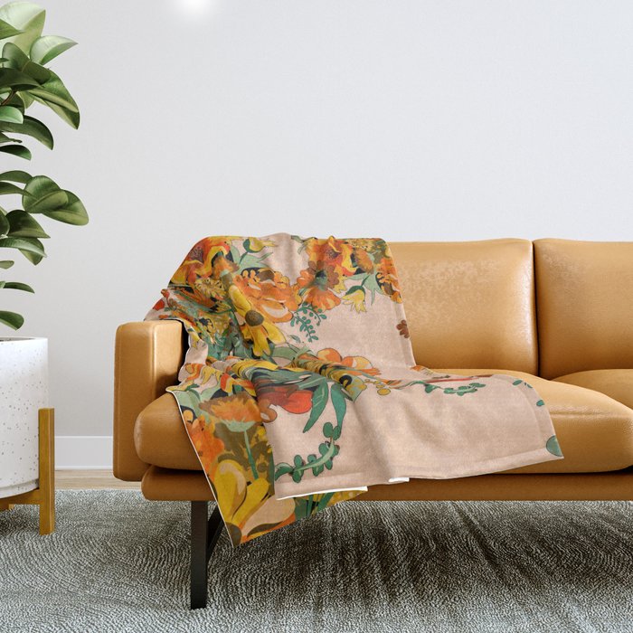 70s Pastel Floral on pink blush Boho Throw Blanket Gallery Image 1