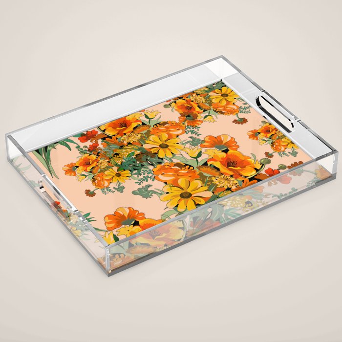 70s Pastel Floral on pink blush Boho Acrylic Tray Gallery Image 1