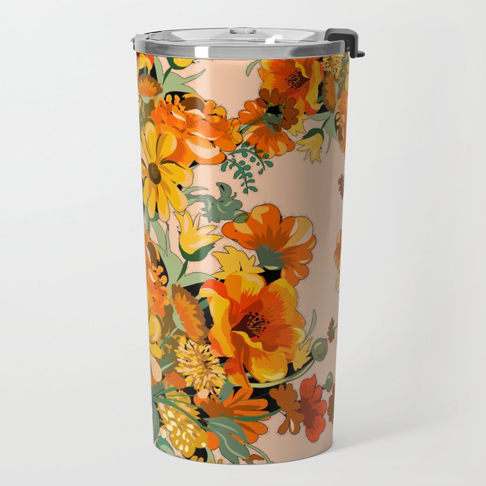 70s Pastel Floral on pink blush Boho Travel Mug Gallery Image 2