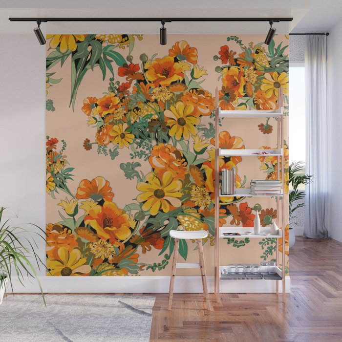 70s Pastel Floral on pink blush Boho Wall Mural Gallery Image 1