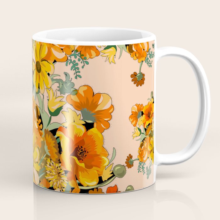 70s Pastel Floral on pink blush Boho Coffee Mug Gallery Image 1