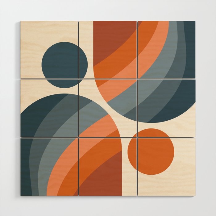 Mid Century Modern Geometric Arch a15 in Navy Blue and Orange Wood Wall Art Gallery Image 1