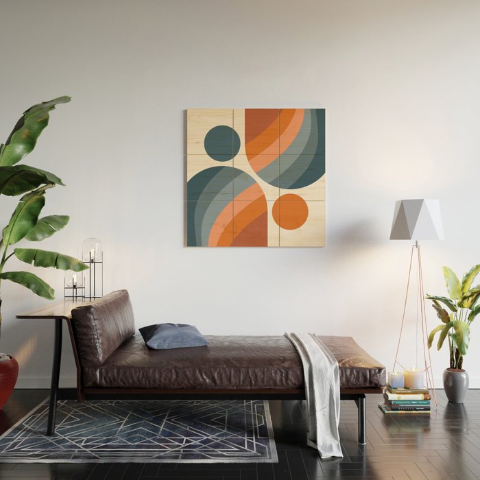 Mid Century Modern Geometric Arch a15 in Navy Blue and Orange Wood Wall Art Gallery Image 2