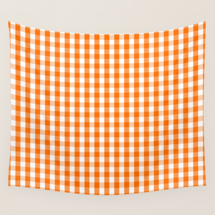 Classic Pumpkin Orange and White Gingham Check Pattern Wall Tapestry Gallery Image 4