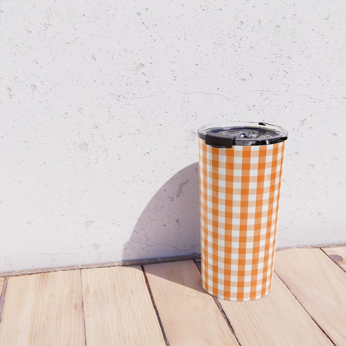 Classic Pumpkin Orange and White Gingham Check Pattern Travel Mug Gallery Image 4