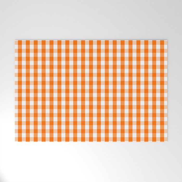 Classic Pumpkin Orange and White Gingham Check Pattern Welcome Mat Gallery Image 1