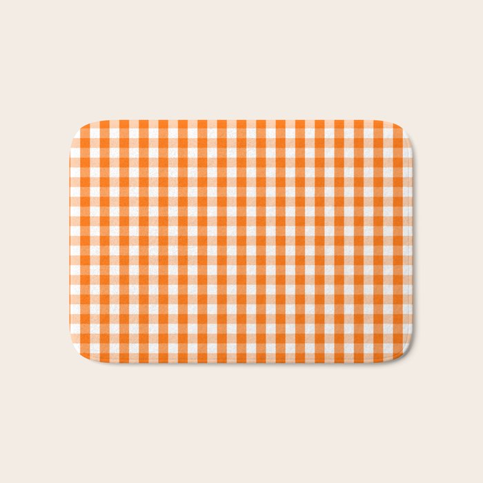 Classic Pumpkin Orange and White Gingham Check Pattern Bath Mat Gallery Image 1