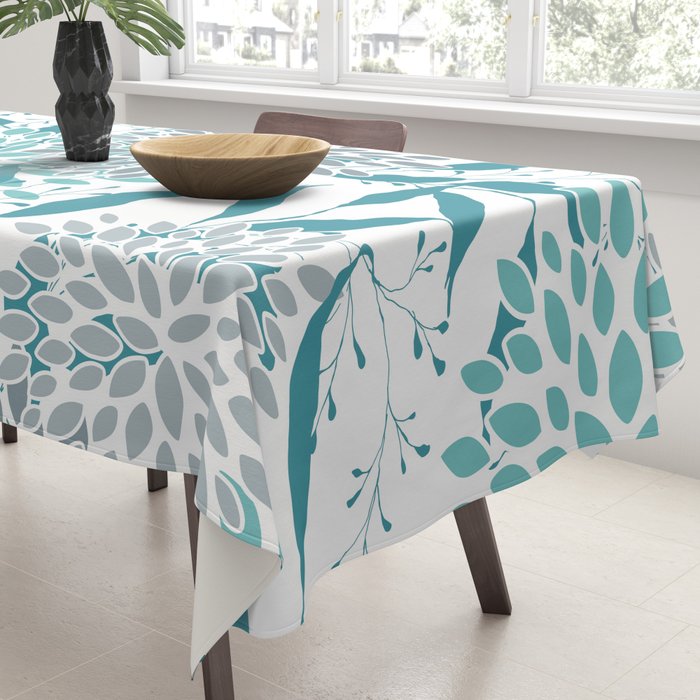 Floral Leaves and Blooms, Teal and Gray Tablecloth Gallery Image 3
