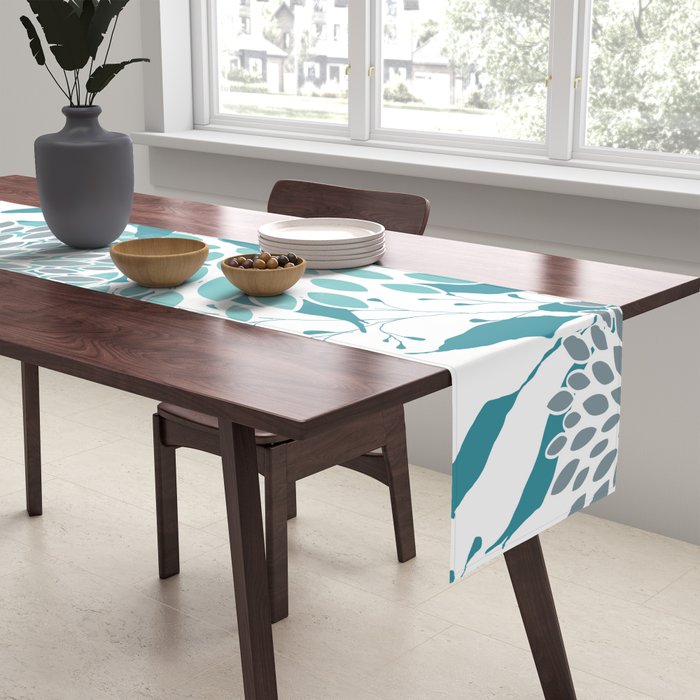 Floral Leaves and Blooms, Teal and Gray Table Runner Gallery Image 2