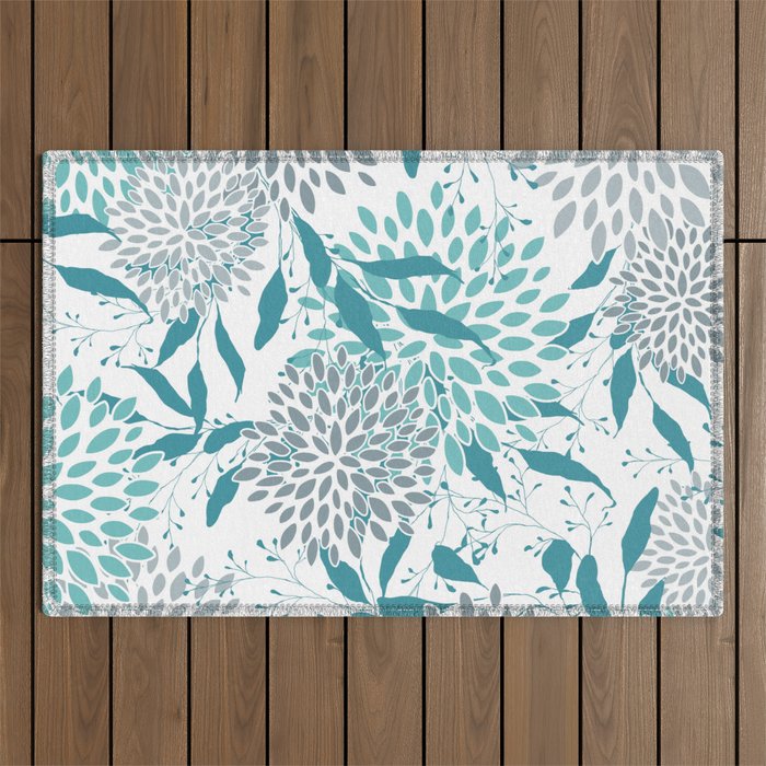 Floral Leaves and Blooms, Teal and Gray Outdoor Rug Gallery Image 1