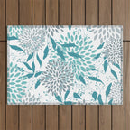 Floral Leaves and Blooms, Teal and Gray Outdoor Rug Gallery Image 1