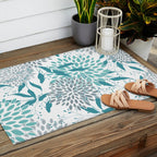 Floral Leaves and Blooms, Teal and Gray Outdoor Rug Gallery Image 2