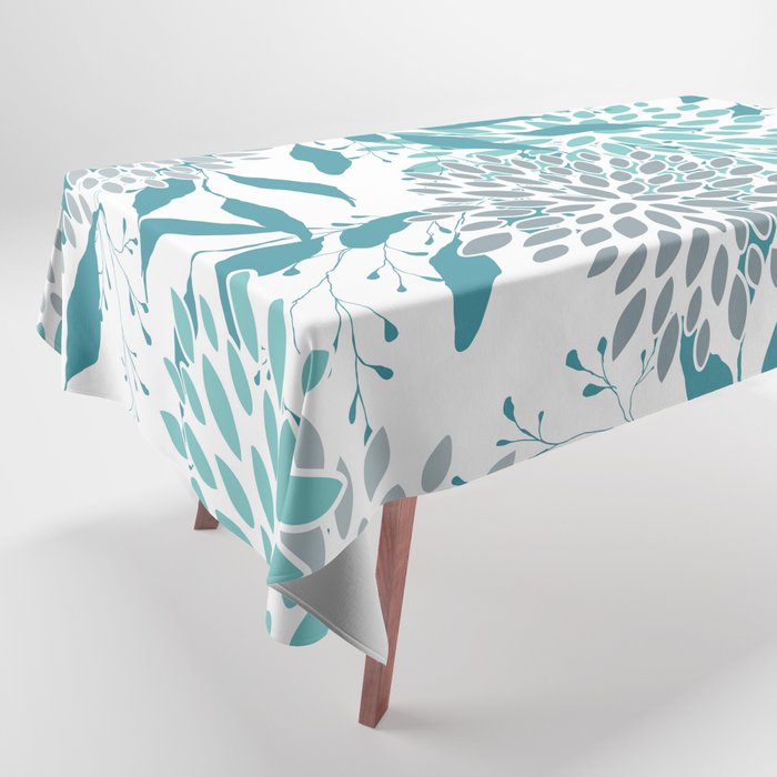 Floral Leaves and Blooms, Teal and Gray Tablecloth Gallery Image 1