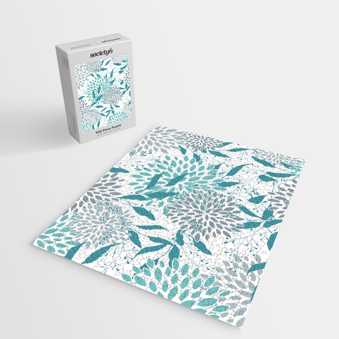 Floral Leaves and Blooms, Teal and Gray Jigsaw Puzzle Gallery Image 2