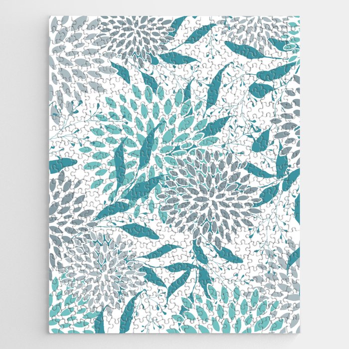 Floral Leaves and Blooms, Teal and Gray Jigsaw Puzzle Gallery Image 1