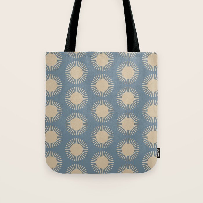 Boho Summer Sun Pattern XVII Blue and Beige Tote Bag Gallery Image 1