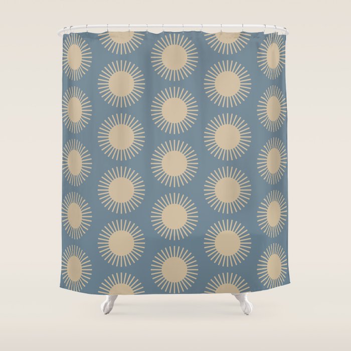 Boho Summer Sun Pattern XVII Blue and Beige Shower Curtain Gallery Image 1