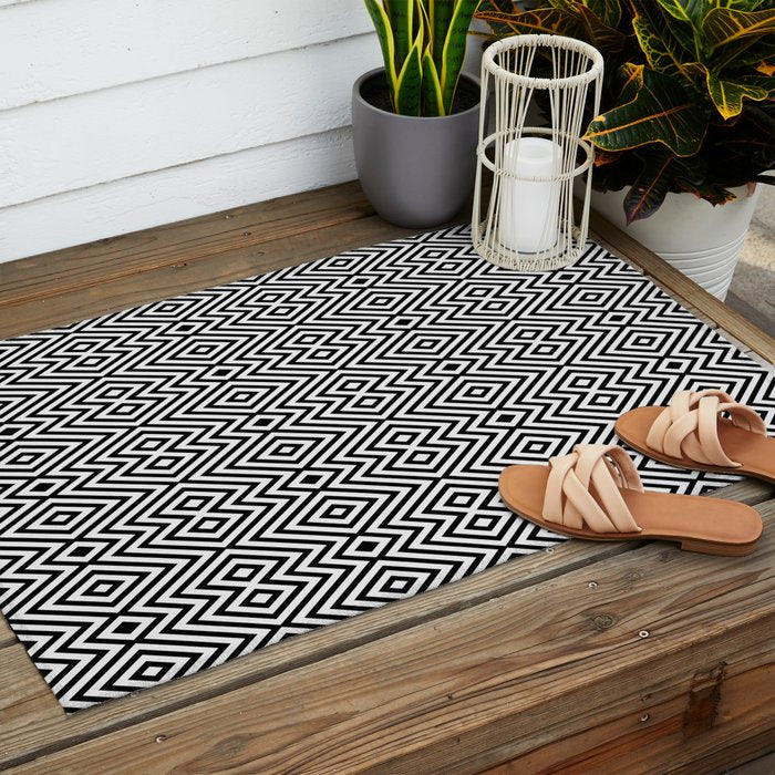 Boho Western Geometric Pattern VIII Black and White Outdoor Rug Gallery Image 2
