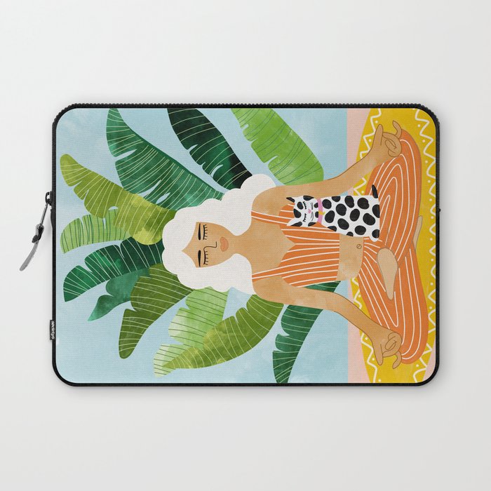 Meditation With Thy Cat Poster | Blonde Woman of Color | Tropical Banana Leaves Quirky Pet Workout  Laptop Sleeve Gallery Image 1