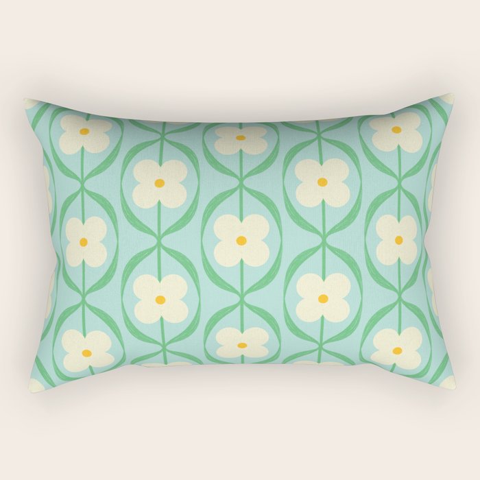 Sky Blue Retro Flowers Vintage Daisy Floral Geometric Green Rectangular Pillow Gallery Image 1