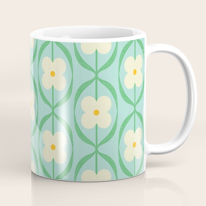 Sky Blue Retro Flowers Vintage Daisy Floral Geometric Green Coffee Mug Gallery Image 1