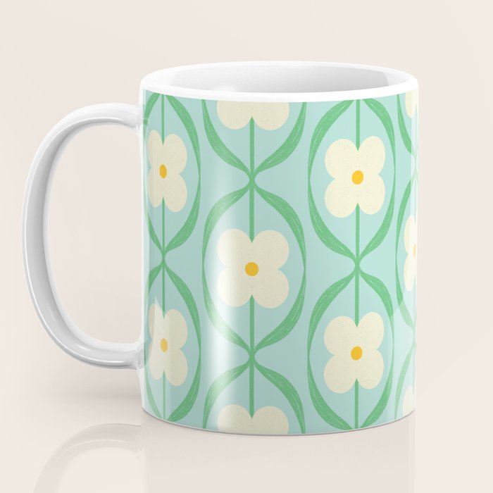 Sky Blue Retro Flowers Vintage Daisy Floral Geometric Green Coffee Mug Gallery Image 3