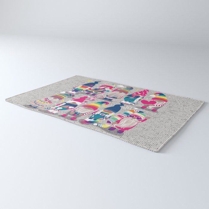 I gnome you // grey background little happy and lovely gnomes with rainbows fuchsia pink hearts Rug Gallery Image 3