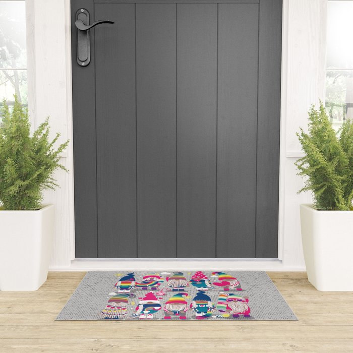 I gnome you // grey background little happy and lovely gnomes with rainbows fuchsia pink hearts Welcome Mat Gallery Image 3