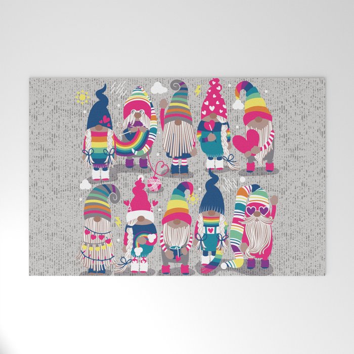 I gnome you // grey background little happy and lovely gnomes with rainbows fuchsia pink hearts Welcome Mat Gallery Image 1