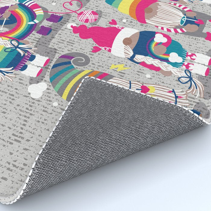 I gnome you // grey background little happy and lovely gnomes with rainbows fuchsia pink hearts Rug Gallery Image 4