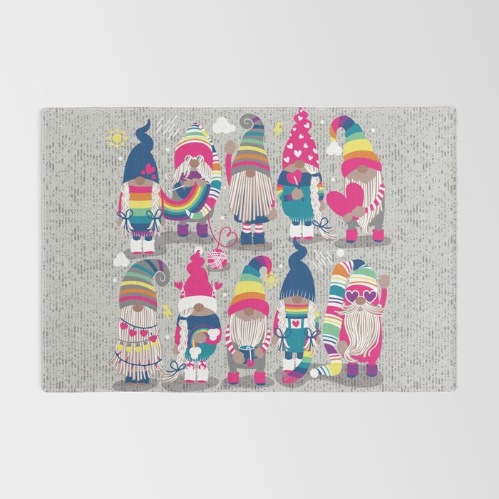 I gnome you // grey background little happy and lovely gnomes with rainbows fuchsia pink hearts Rug Gallery Image 2