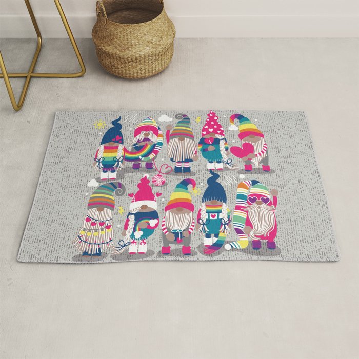 I gnome you // grey background little happy and lovely gnomes with rainbows fuchsia pink hearts Rug Gallery Image 1