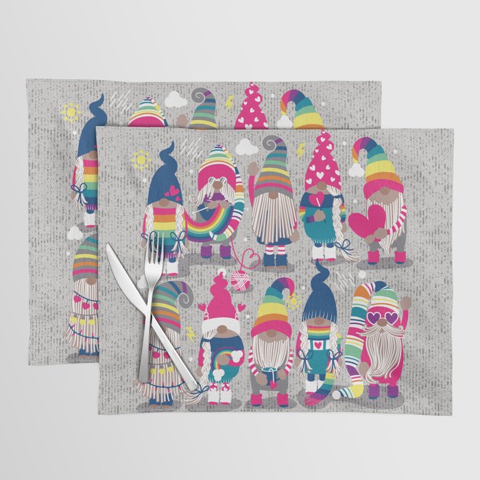 I gnome you // grey background little happy and lovely gnomes with rainbows fuchsia pink hearts Placemat Gallery Image 1
