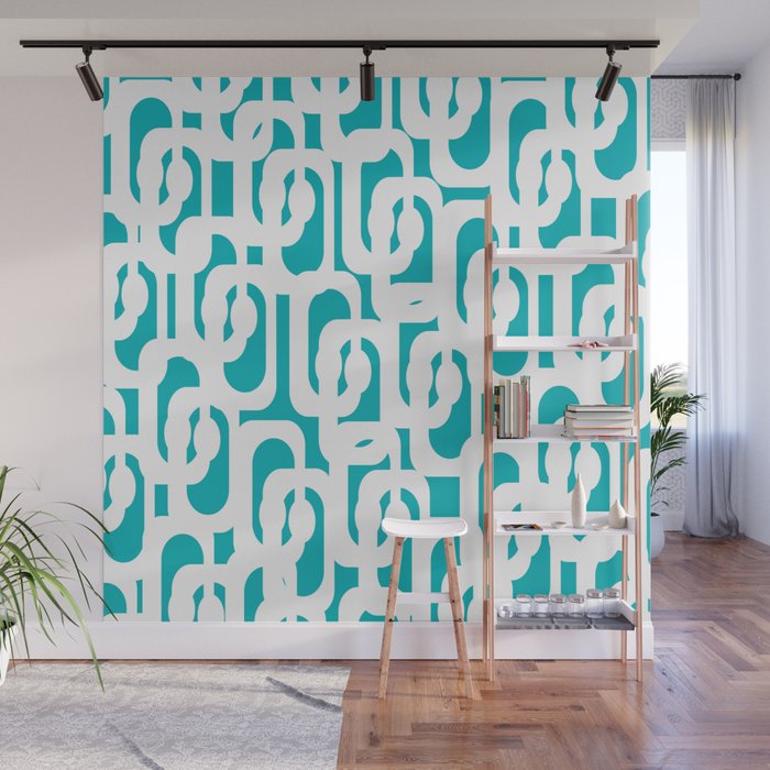 Mid-century Modern Abstract Turquoise and White Loop Pattern Wall Mural Gallery Image 1