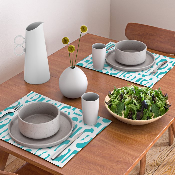 Mid-century Modern Abstract Turquoise and White Loop Pattern Placemat Gallery Image 2