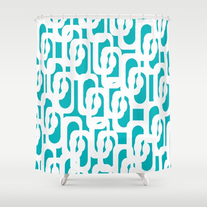 Mid-century Modern Abstract Turquoise and White Loop Pattern Shower Curtain Gallery Image 1