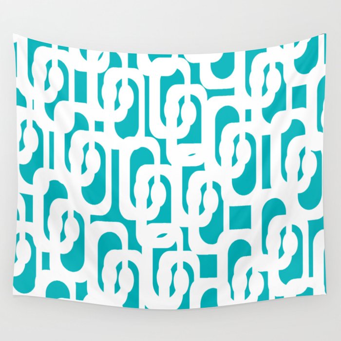 Mid-century Modern Abstract Turquoise and White Loop Pattern Wall Tapestry Gallery Image 1