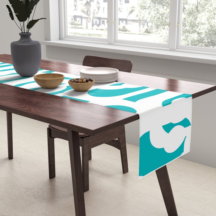 Mid-century Modern Abstract Turquoise and White Loop Pattern Table Runner Gallery Image 2